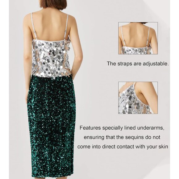 Women's Sequin Tank Top V-Neck Spaghetti Strap Party Camisole - Picture 2 of 6